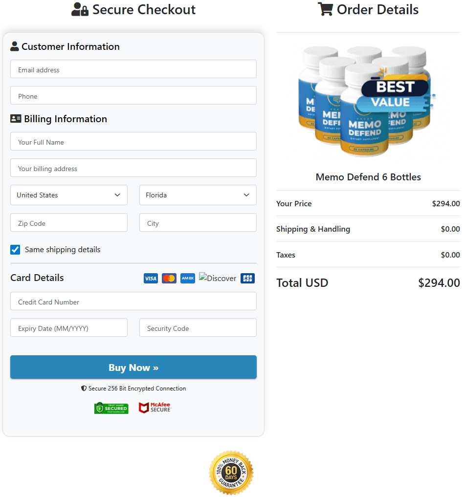 MemoDefend Secure Checkout - 256-bit SSL Encrypted Payment